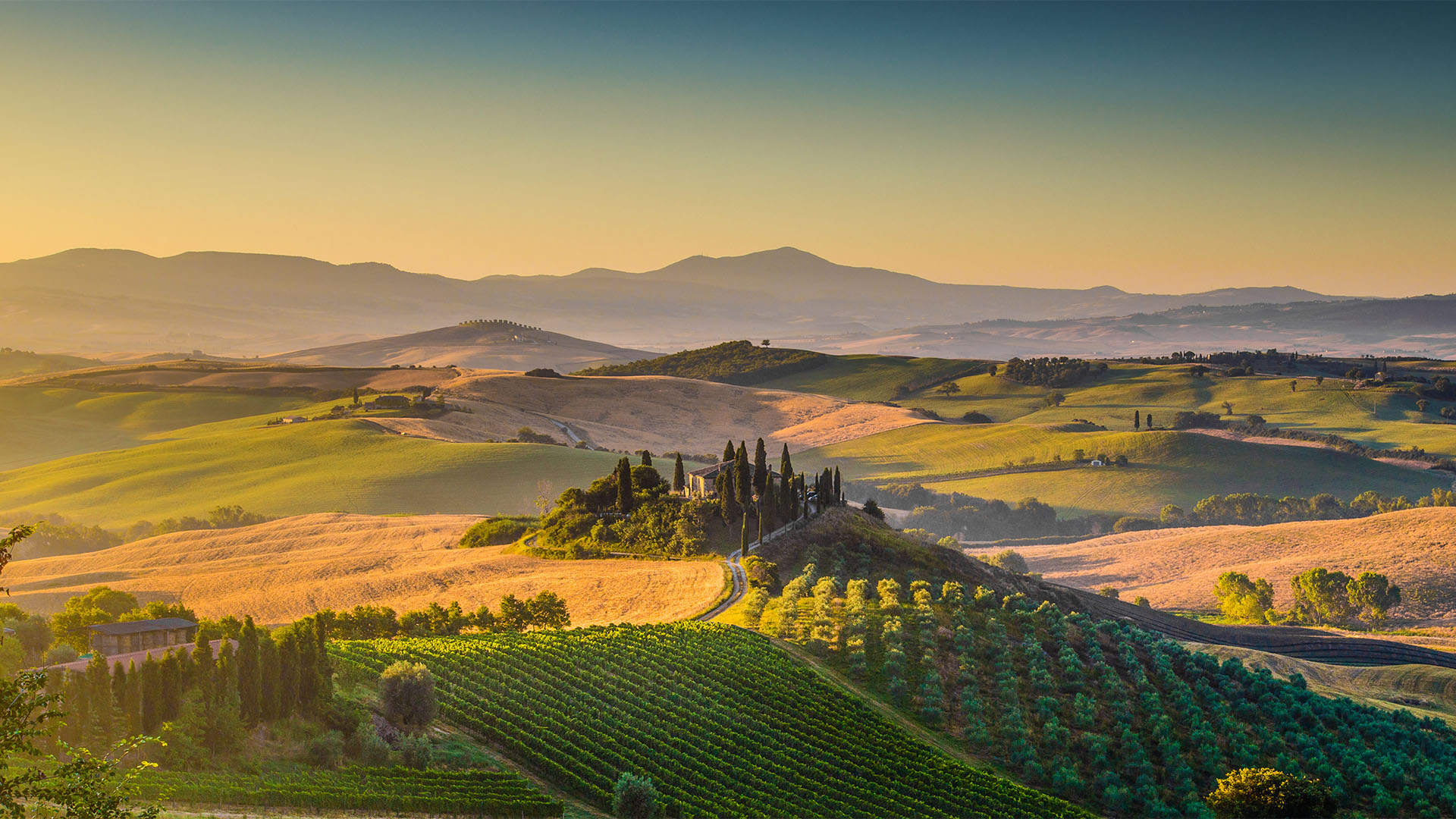 A photo of the Tuscan and Umbrian countryside taken at sunrise